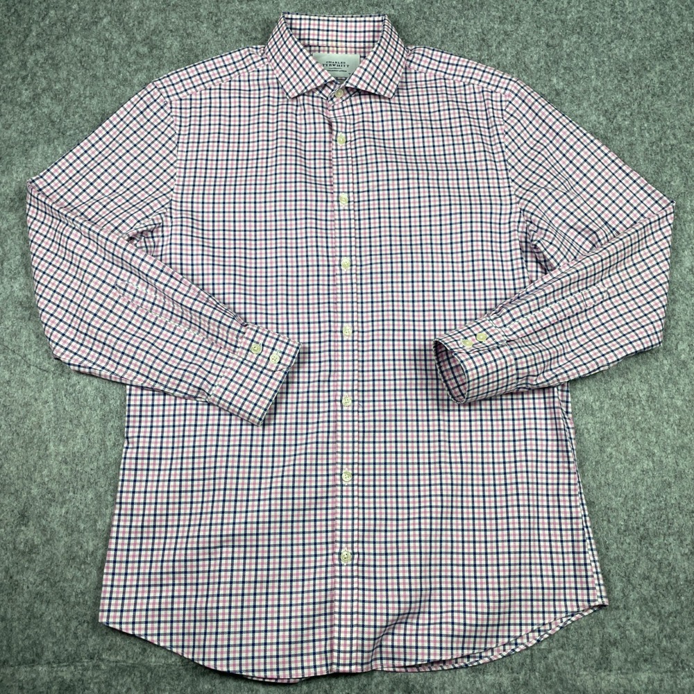 Charles Tyrwhitt Shirt Mens 16.5x34 Pink Navy Blue Check Extra Slim Fit Non-Iron